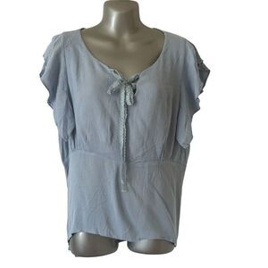 POL Women's Boho Short Sleeve Blue Blouse with Tassel Tie Size S NWOT
